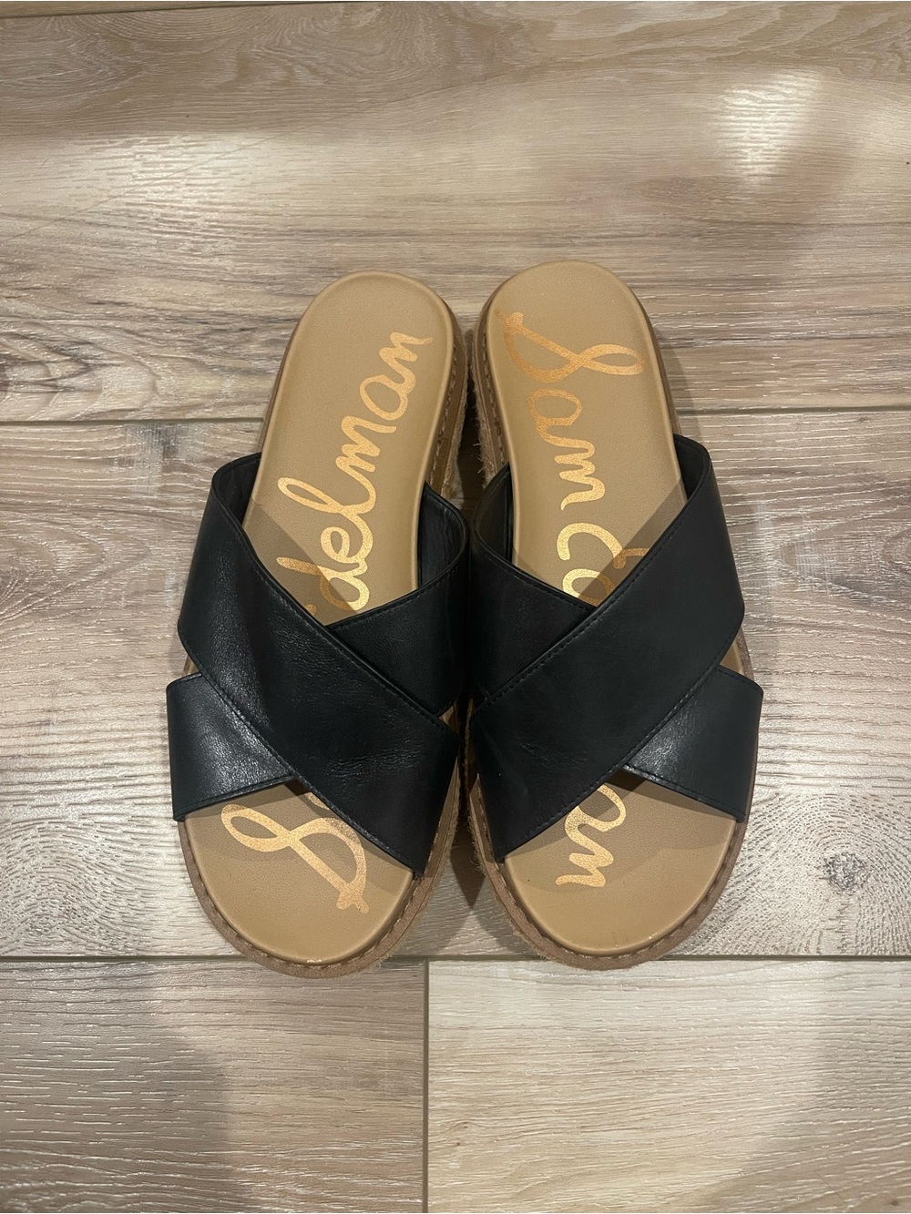 Sam Edelman Leyton Black Leather Espadrille Platform Slides 8.5